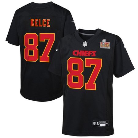 Youth Kansas City Chiefs Travis Kelce Carbon Black Super Bowl LIX Patch Fashion Game Jersey Youth Kansas City Chiefs Travis Kelce Carbon Black Super Bowl LIX Patch Fashion Game Jersey